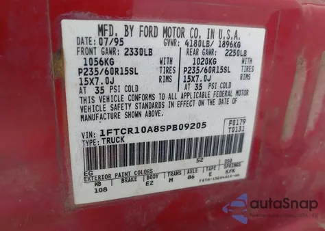 1995 Ford Ranger z USA, uszkodzony, nr VIN 1FTCR10A8SPB09205